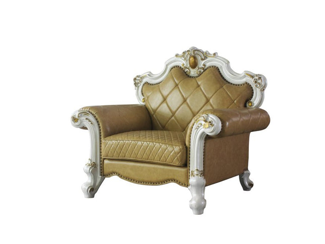 50" Beige and Pearl Faux Leather Tufted Arm Chair And Toss Pillow