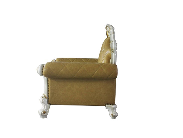 50" Beige and Pearl Faux Leather Tufted Arm Chair And Toss Pillow