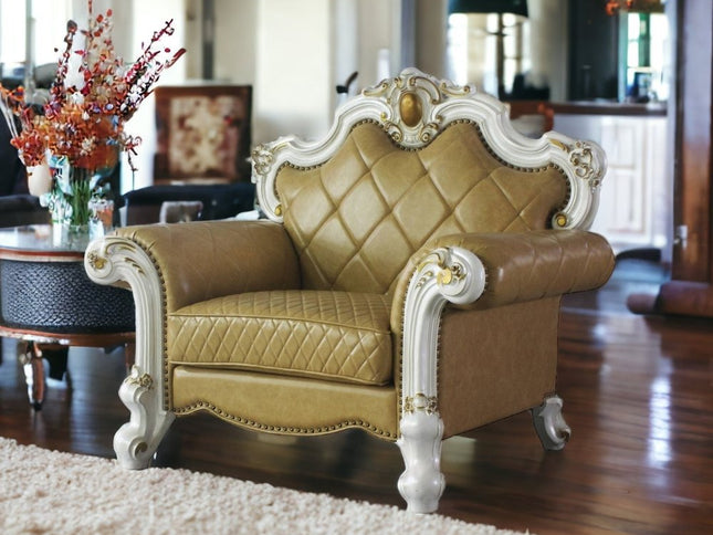 50" Beige and Pearl Faux Leather Tufted Arm Chair And Toss Pillow