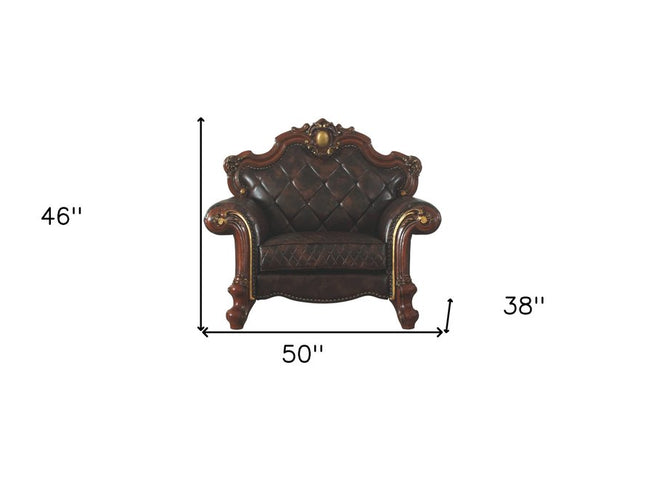 50" Chocolate Faux Leather Tufted Chesterfield Chair And Toss Pillow