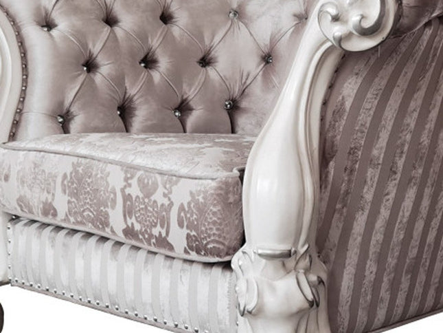 52" Ivory and Bone Fabric Damask Tufted Chesterfield Chair And Toss Pillows