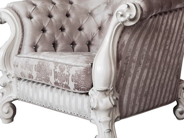 52" Ivory and Bone Fabric Damask Tufted Chesterfield Chair And Toss Pillows