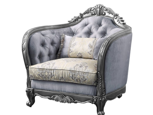 43" Light Gray and Platinum Fabric Floral Tufted Arm Chair And Toss Pillow