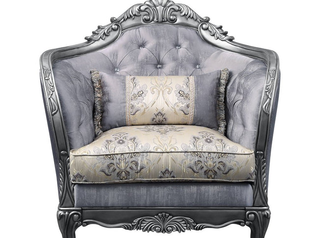 43" Light Gray and Platinum Fabric Floral Tufted Arm Chair And Toss Pillow