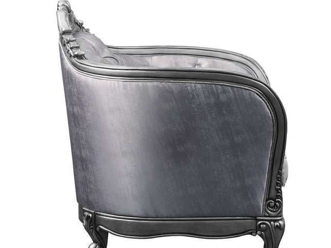 43" Light Gray and Platinum Fabric Floral Tufted Arm Chair And Toss Pillow