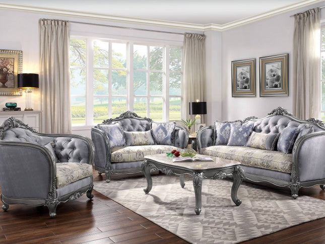 43" Light Gray and Platinum Fabric Floral Tufted Arm Chair And Toss Pillow