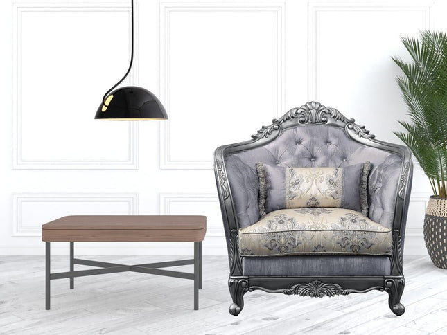 43" Light Gray and Platinum Fabric Floral Tufted Arm Chair And Toss Pillow