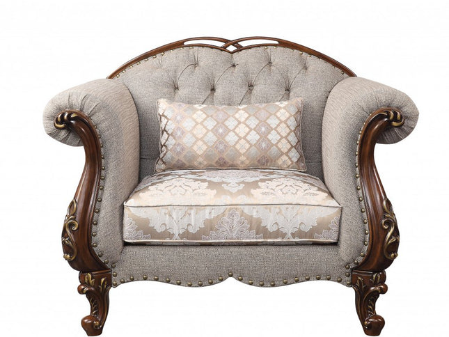 48" Beige and Brown Fabric Floral Arm Chair