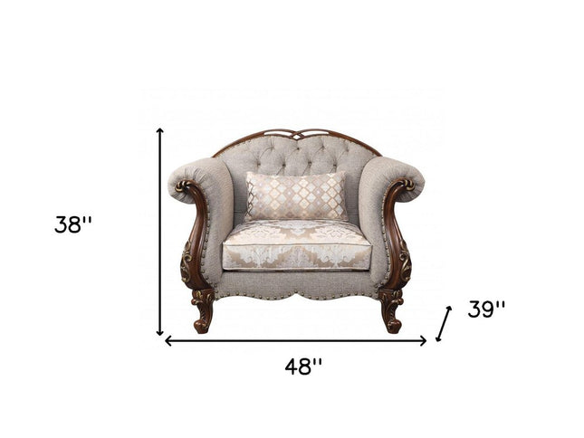 48" Beige and Brown Fabric Floral Arm Chair
