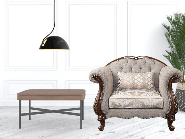 48" Beige and Brown Fabric Floral Arm Chair