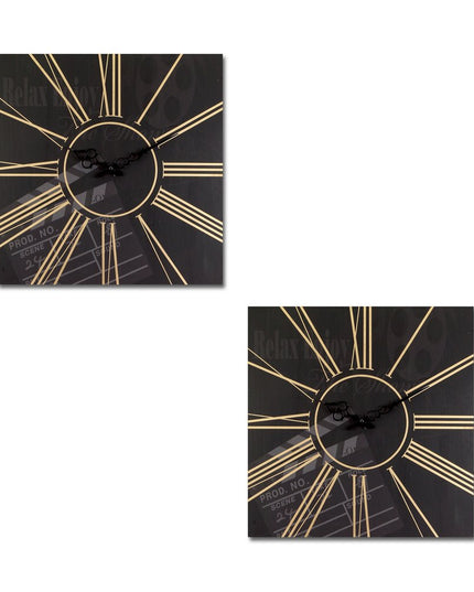 Set of Two Black And Gold Wood Analog Square Cinema Wall Clocks