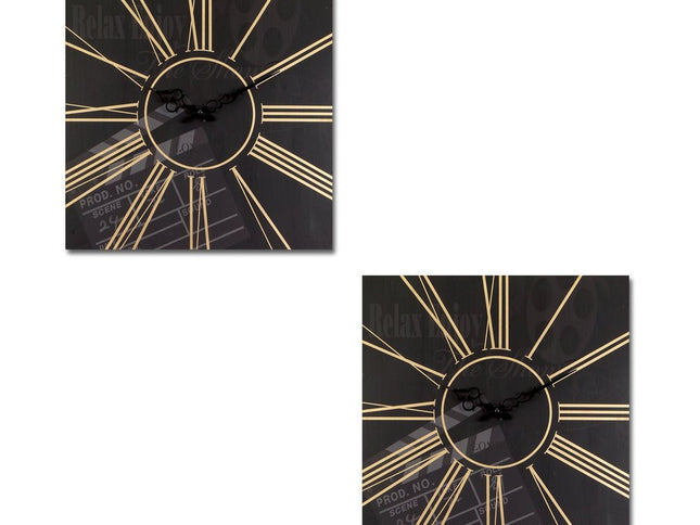 Set of Two Black And Gold Wood Analog Square Cinema Wall Clocks