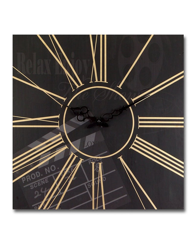 Set of Two Black And Gold Wood Analog Square Cinema Wall Clocks