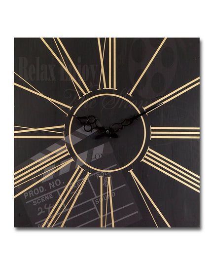 Set of Two Black And Gold Wood Analog Square Cinema Wall Clocks