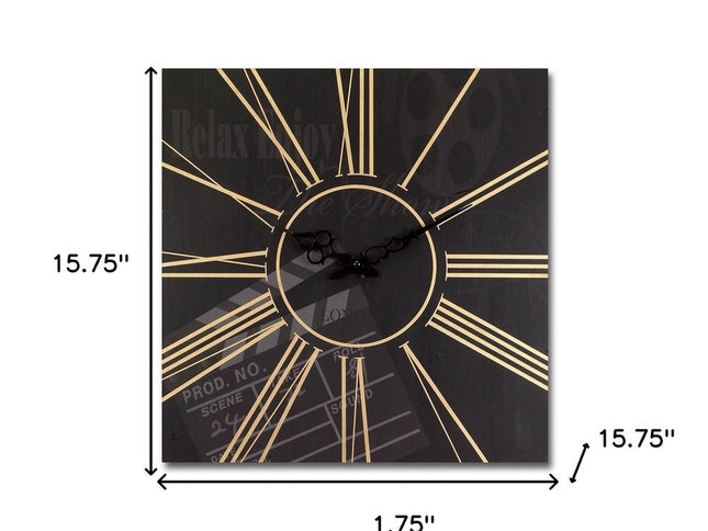 Set of Two Black And Gold Wood Analog Square Cinema Wall Clocks