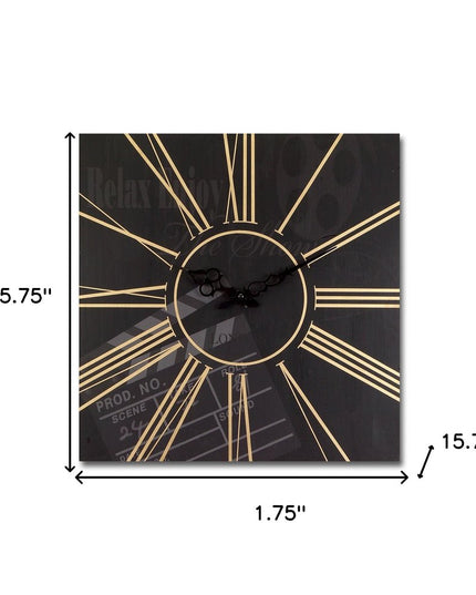 Set of Two Black And Gold Wood Analog Square Cinema Wall Clocks