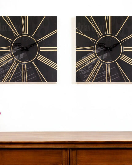 Set of Two Black And Gold Wood Analog Square Cinema Wall Clocks