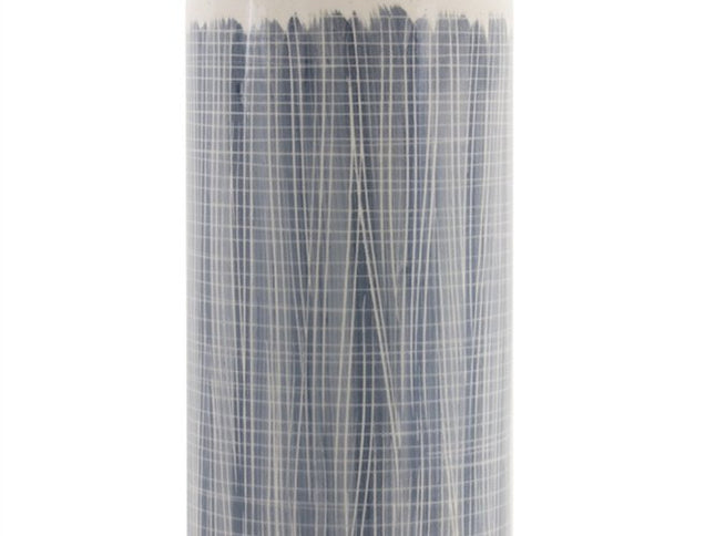 19" Blue and White Geometric Cylinder Terracotta Floor Vase
