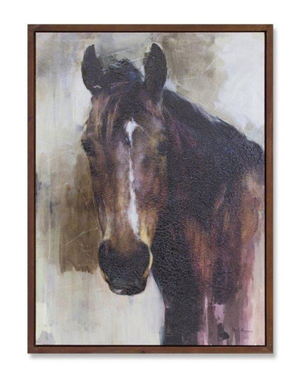 32" X 24" Brown Black And White Horse Wood Framed Art