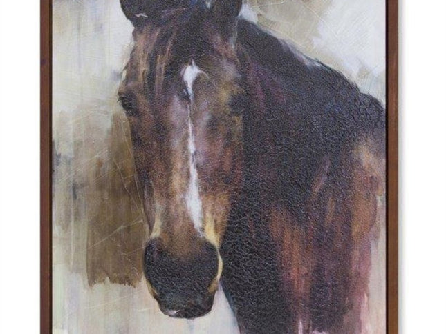 32" X 24" Brown Black And White Horse Wood Framed Art