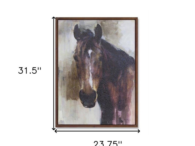 32" X 24" Brown Black And White Horse Wood Framed Art