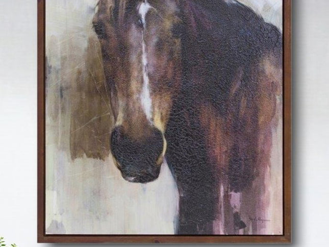 32" X 24" Brown Black And White Horse Wood Framed Art