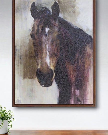 32" X 24" Brown Black And White Horse Wood Framed Art