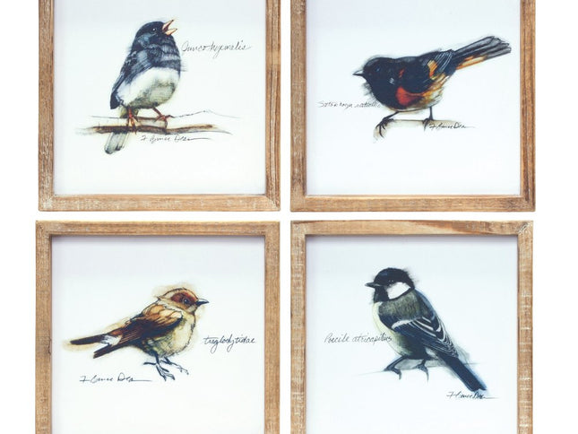 Set of Four Brown Bird Solid Wood Square Framed Art