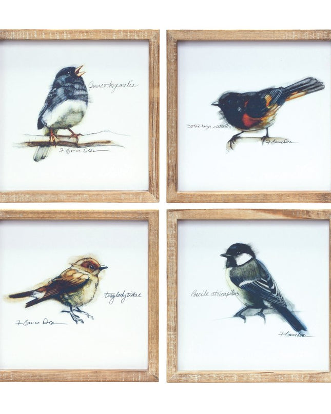Set of Four Brown Bird Solid Wood Square Framed Art