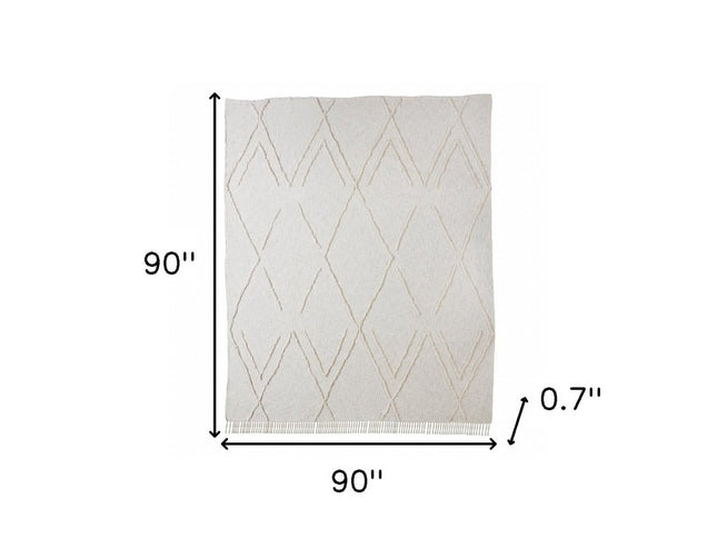 Ivory Geometric Queen Cotton Coverlet With Fringe