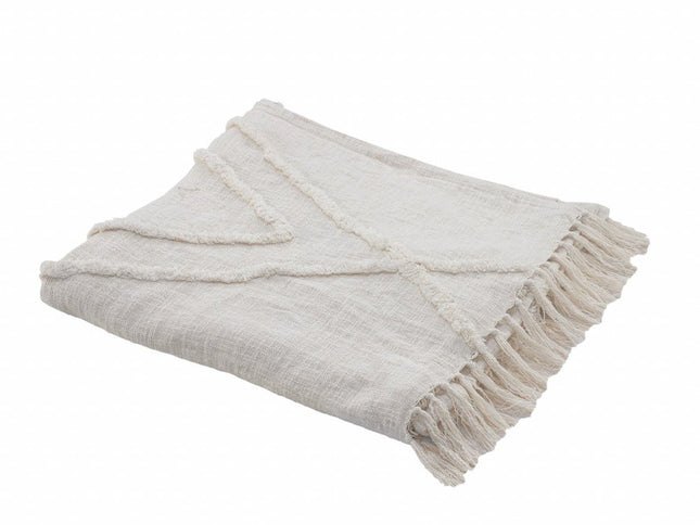Ivory Geometric Queen Cotton Coverlet With Fringe