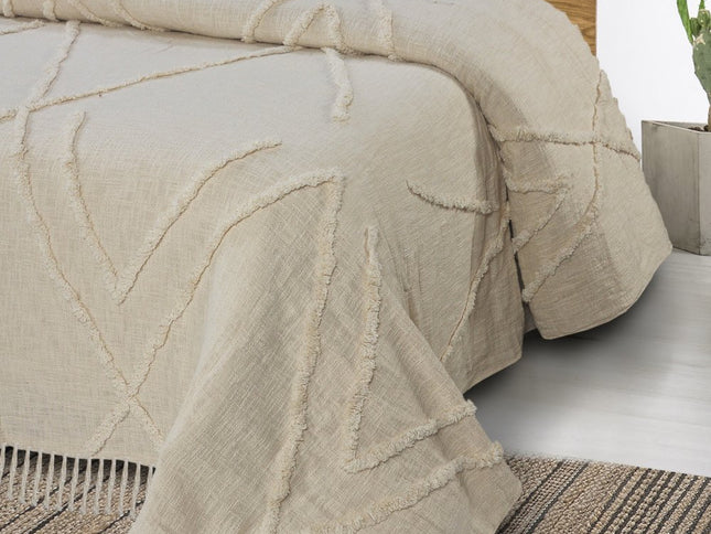 Ivory Geometric Queen Cotton Coverlet With Fringe
