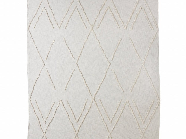 Ivory Geometric Queen Cotton Coverlet With Fringe
