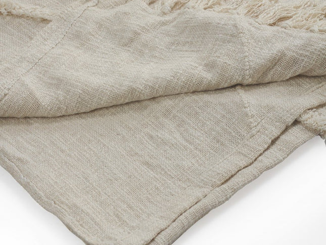 Ivory Geometric Queen Cotton Coverlet With Fringe