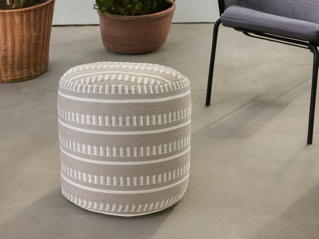 20" Green Polyester Round Striped Indoor Outdoor Pouf Ottoman