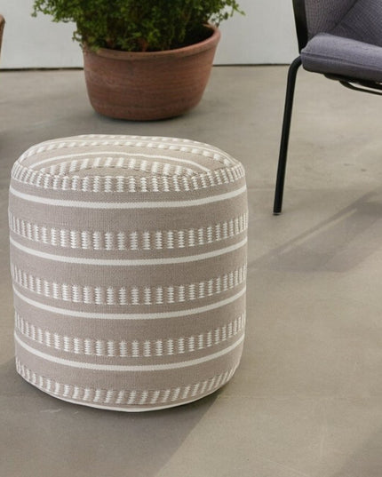 20" Green Polyester Round Striped Indoor Outdoor Pouf Ottoman