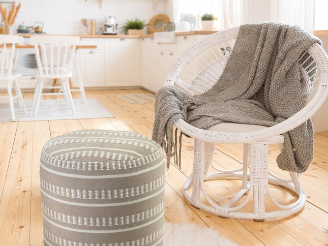 20" Green Polyester Round Striped Indoor Outdoor Pouf Ottoman