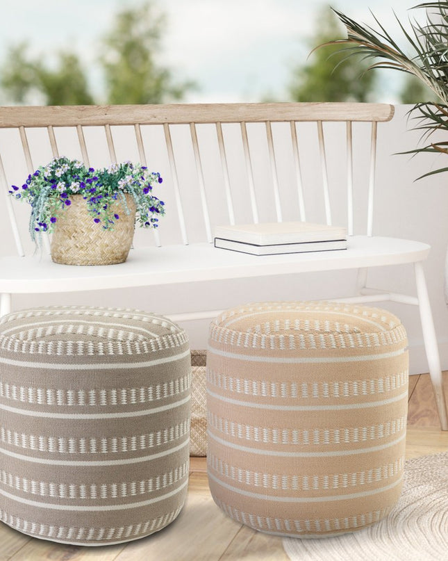 20" Green Polyester Round Striped Indoor Outdoor Pouf Ottoman