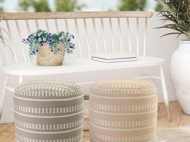 20" Green Polyester Round Striped Indoor Outdoor Pouf Ottoman