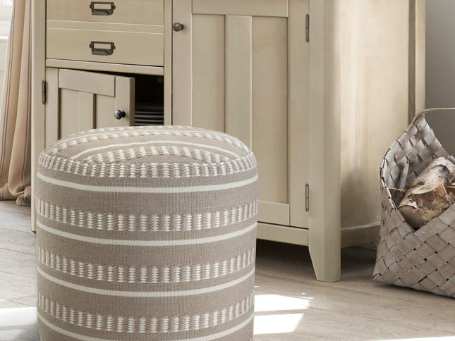 20" Green Polyester Round Striped Indoor Outdoor Pouf Ottoman