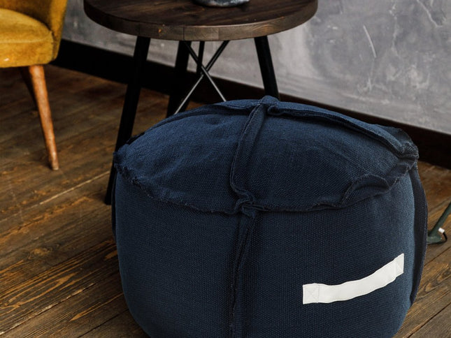 20" Blue Polyester Round Patchwork Indoor Outdoor Pouf Ottoman