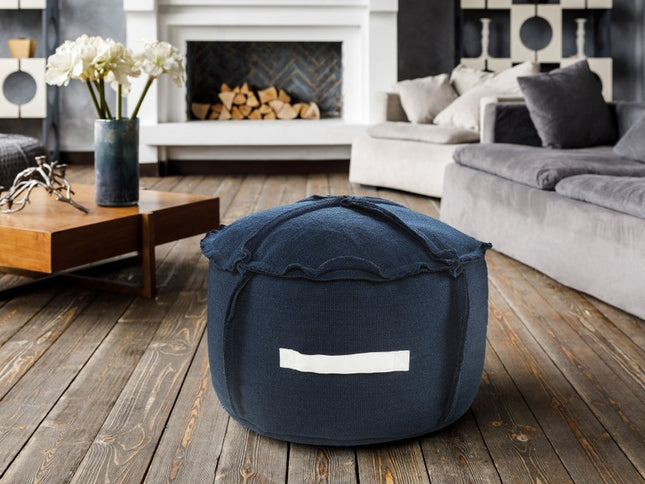 20" Blue Polyester Round Patchwork Indoor Outdoor Pouf Ottoman