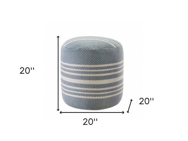 20" Blue Polyester Round Striped Indoor Outdoor Pouf Ottoman