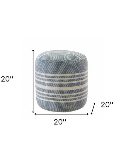 20" Blue Polyester Round Striped Indoor Outdoor Pouf Ottoman