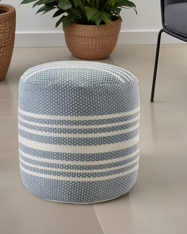 20" Blue Polyester Round Striped Indoor Outdoor Pouf Ottoman