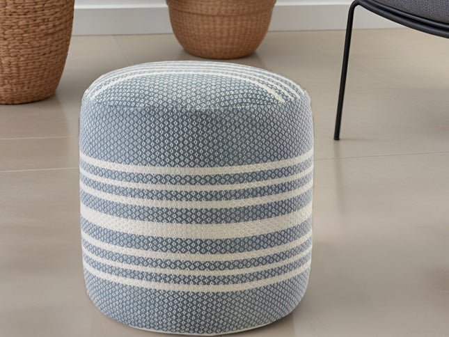 20" Blue Polyester Round Striped Indoor Outdoor Pouf Ottoman