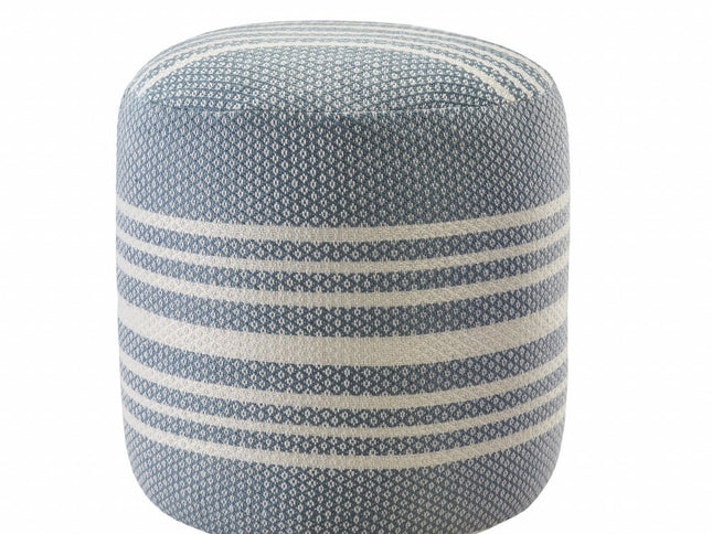 20" Blue Polyester Round Striped Indoor Outdoor Pouf Ottoman