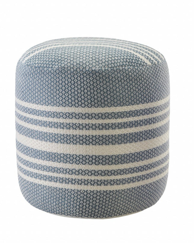 20" Blue Polyester Round Striped Indoor Outdoor Pouf Ottoman