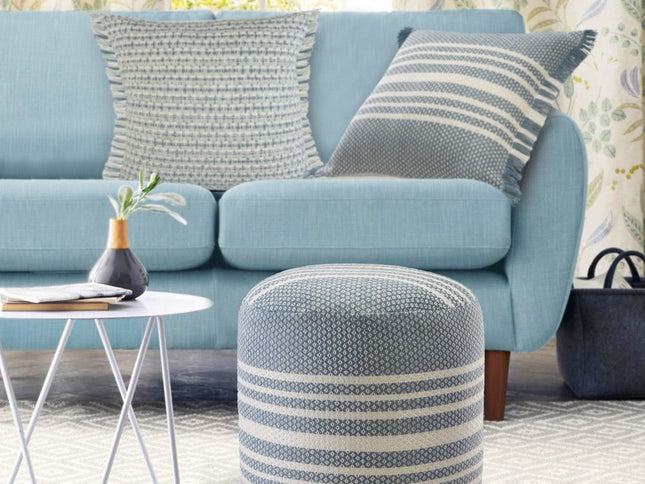 20" Blue Polyester Round Striped Indoor Outdoor Pouf Ottoman