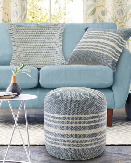 20" Blue Polyester Round Striped Indoor Outdoor Pouf Ottoman